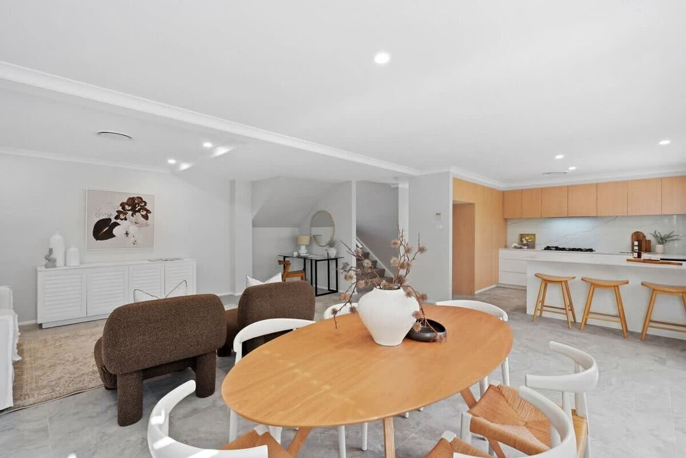 Open-plan kitchen, dining and living at 58 Grandview Road